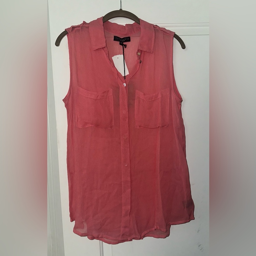 Sanctuary Red Sleeveless Sheer Button Down Blouse